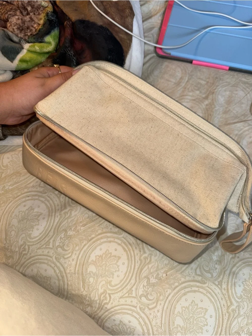 BEIS Beige Canvas and Leather Cosmetic Case